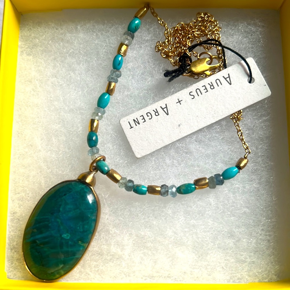 MAZAR SEMI PRECIOUS CHRYSOCOLLA STONE PENDANT NECKLACE | AUREUS + ARGENT NWT
